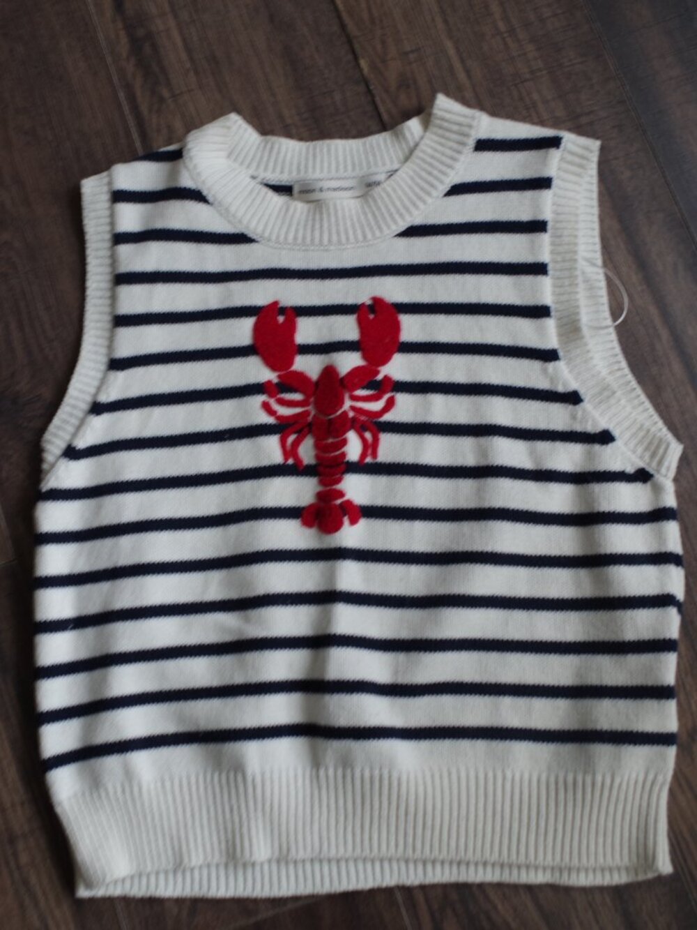 moon & madison Cream and Navy Striped Sleeveless Sweater Vest with Red Lobster